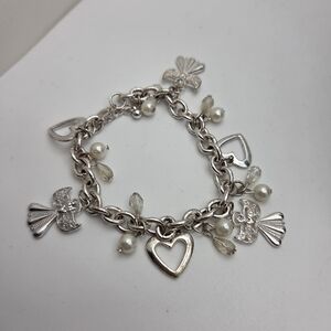 Silver Charm Bracelet with Heart Angels and Pearl Accents